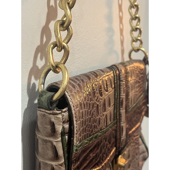 BRAHMIN Purse Croc Embossed Leather Shoulder Handbag Brown Green Chain Turn Lock - Picture 6 of 16
